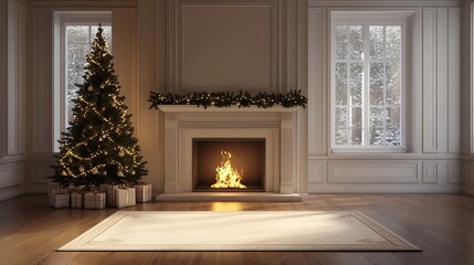 Fototapete - Christmas tree standing beside a fireplace in an empty room with white rug in front. High-quality photography and photorealistic rendering capture the serene holiday setting.