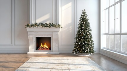 Fototapete - Christmas tree standing beside a fireplace in an empty room with white rug in front. High-quality photography and photorealistic rendering capture the serene holiday setting.