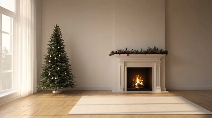 Fototapete - Christmas tree standing beside a fireplace in an empty room with white rug in front. High-quality photography and photorealistic rendering capture the serene holiday setting.