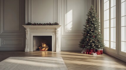Fototapete - Christmas tree standing beside a fireplace in an empty room with white rug in front. High-quality photography and photorealistic rendering capture the serene holiday setting.