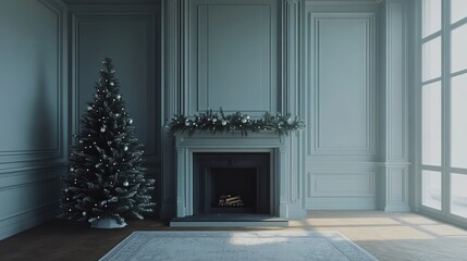 Fototapete - Christmas tree standing beside a fireplace in an empty room with white rug in front. High-quality photography and photorealistic rendering capture the serene holiday setting.