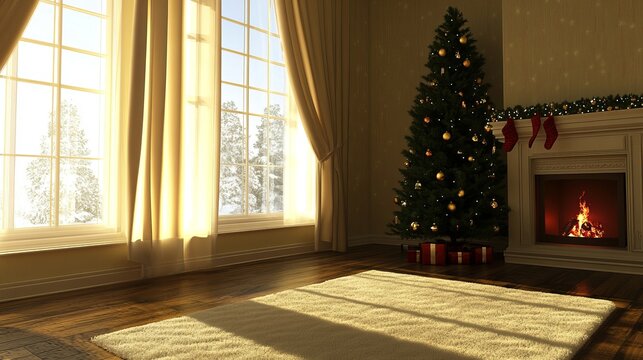 Christmas tree standing beside a fireplace in an empty room with white rug in front. High-quality photography and photorealistic rendering capture the serene holiday setting.
