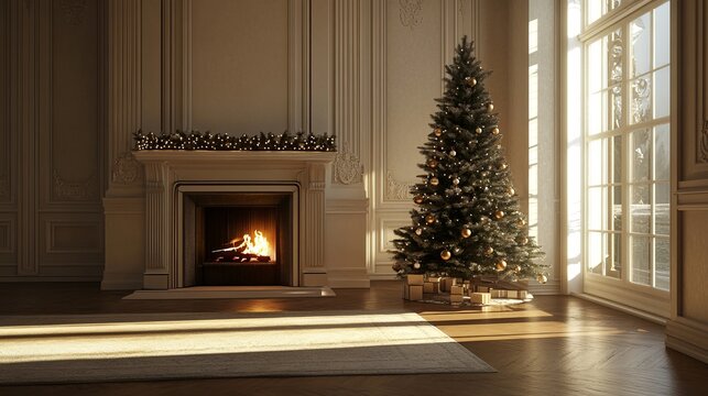 Christmas tree standing beside a fireplace in an empty room with white rug in front. High-quality photography and photorealistic rendering capture the serene holiday setting.