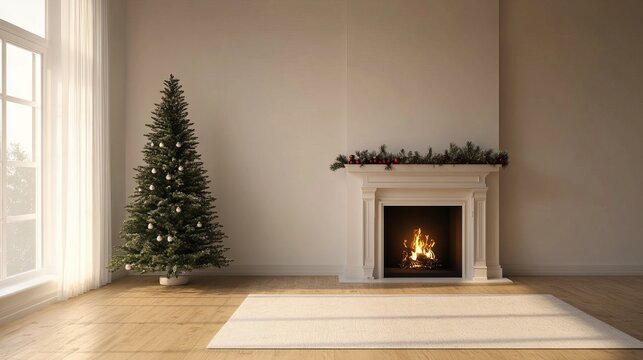 Christmas tree standing beside a fireplace in an empty room with white rug in front. High-quality photography and photorealistic rendering capture the serene holiday setting.