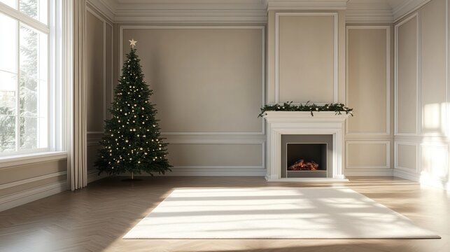 Christmas tree standing beside a fireplace in an empty room with white rug in front. High-quality photography and photorealistic rendering capture the serene holiday setting.