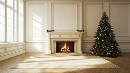 Fototapete - Christmas tree standing beside a fireplace in an empty room with white rug in front. High-quality photography and photorealistic rendering capture the serene holiday setting.