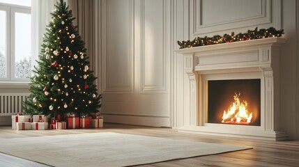 Fototapete - Christmas tree standing beside a fireplace in an empty room with white rug in front. High-quality photography and photorealistic rendering capture the serene holiday setting.