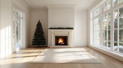 Fototapete - Christmas tree standing beside a fireplace in an empty room with white rug in front. High-quality photography and photorealistic rendering capture the serene holiday setting.