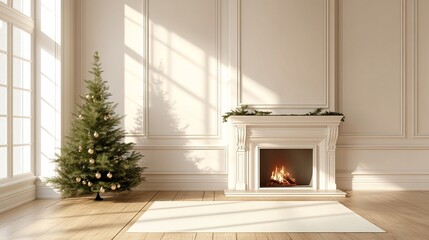 Fototapete - Christmas tree standing beside a fireplace in an empty room with white rug in front. High-quality photography and photorealistic rendering capture the serene holiday setting.