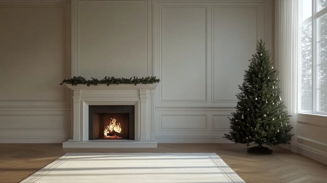 Christmas tree standing beside a fireplace in an empty room with white rug in front. High-quality photography and photorealistic rendering capture the serene holiday setting.