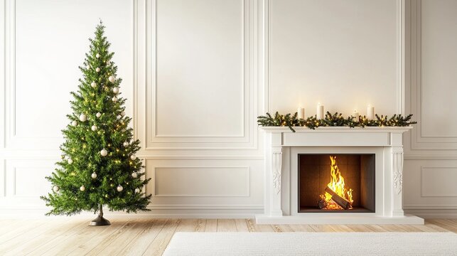 Christmas tree standing beside a fireplace in an empty room with white rug in front. High-quality photography and photorealistic rendering capture the serene holiday setting.