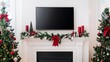 © Nikolai - A flat-screen TV mounted above the fireplace in a bright daylight Christmas living room, decorated in red and white tones.