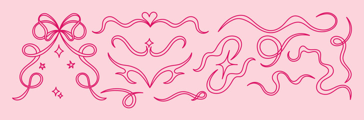 Aufkleber - Vector abstract hand-drawn illustration in simple linear minimal style, decorative frames for prints, invitations, cards with bows and ribbons
