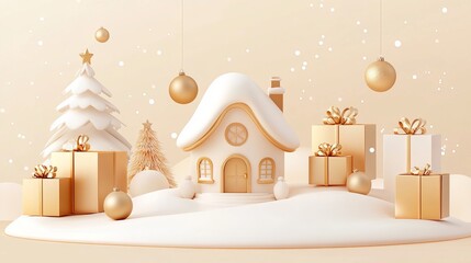 Fototapete - Christmas 3D composition featuring a small house, Christmas trees, and presents in soft beige tones.