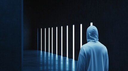 Poster - A hooded figure stands in a darkened corridor illuminated by vertical light bars, creating a mysterious atmosphere in a modern space
