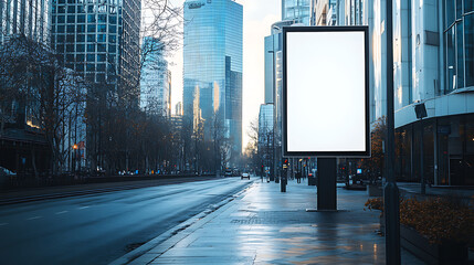 Front view of a blank white billboard on a modern city street with glass skyscrapers in the background and a clean sidewalk in the foreground