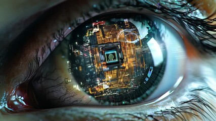 Aufkleber - Binary circuit board future technology, human eye technology pupil close-up