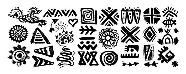 Mexican, American traditional symbols and sign. Set of Abstract aztec animal and  bird totem idols, ancient inca maya civilization primitive traditional signs. 