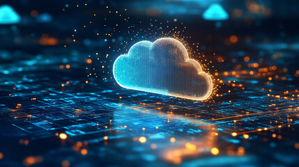 Cloud computing:Digital informational technology web futuristic hologram with cloud icon, golden blue light text digits and code background, Abstract Motion of digital data flow.