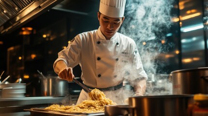 A tall East Asian male chef in a chef's jacket, preparing stir-fried noodles in a sleek Asian restaurant kitchen.