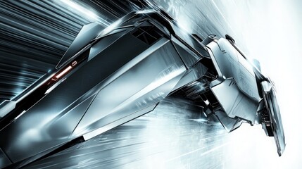 A futuristic, sleek, silver spaceship flies through the air with a blurred background of white and blue stripes.