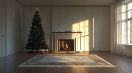 Fototapete - Christmas tree standing beside a fireplace in an empty room with white rug in front. High-quality photography and photorealistic rendering capture the serene holiday setting.