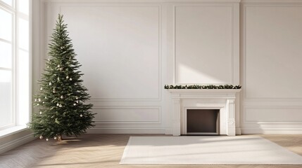 Fototapete - Christmas tree standing beside a fireplace in an empty room with white rug in front. High-quality photography and photorealistic rendering capture the serene holiday setting.