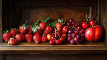 Canvas Print - Red Fruits Displayed on Wooden Table