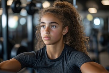 A teenage girl focuses intently on her fitness routine within a gym setting, radiating determination, discipline, and youthful energy in a modern, athletic environment.