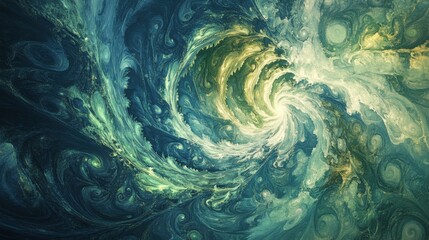 Abstract fractal artwork with intricate swirling patterns in shades of green and blue, creating a hypnotic and complex design.