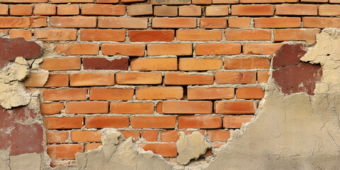 Poster - Old damaged brick wall with crumbling plaster showing exposed brickwork