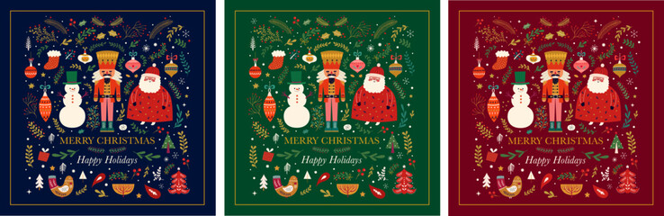 Wall Mural - classic christmas greeting illustrations with funny santa claus, nutcracker and snowman. big christm