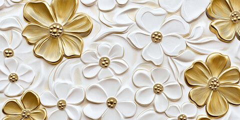 Aufkleber - 3d wallpaper design featuring white and gold flowers on a textured background