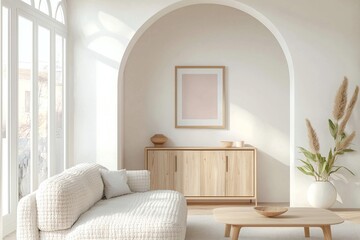 A modern Scandinavian interior in a living room with minimalist, arched construction and wood cabinets and sofas. Generative AI
