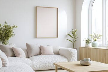 A modern Scandinavian interior in the living room with minimalist, arched windows and wood cabinets and sofas. Generative AI
