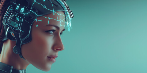 Poster - Woman is wearing a futuristic vr headset and visualizing data