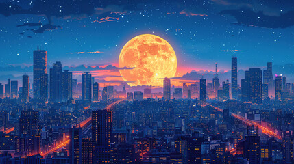 Poster - From the room's window, the modern cityscape with its intricate buildings is a beautiful sight, stunning during the day and illuminated magnificently at night. High resolution Illustration, in the