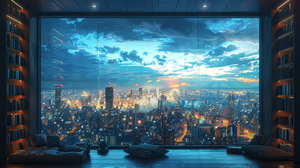 Wall Mural - From inside the room, the window reveals a cityscape of modern, intricate buildings that shine brightly, presenting a beautiful panorama both day and night. High resolution Illustration, in the style