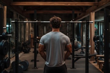 a man with a muscular build faces weights in a contemporary gym, showcasing dedication, muscle focus