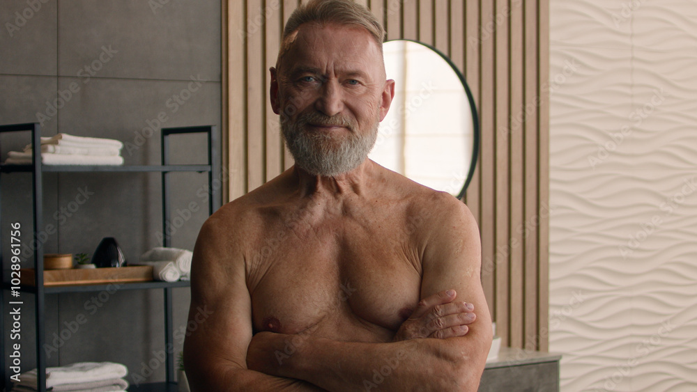 Old generation naked bare Caucasian man shirtless mature senior retired