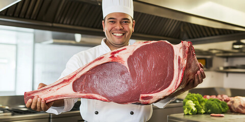 Chef smiling and holding raw red beef meat in restaurant kitchen