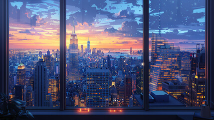 Sticker - From the room's window, the cityscape with its large, intricate buildings is a beautiful sight, modern and stunning in the daylight and breathtakingly illuminated at night. High resolution