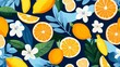 © Svyatoslav Lypynskyy - A colorful and vibrant design of fruits and flowers, including oranges, lemons, and bananas. Concept of freshness and abundance, with the fruits and flowers arranged in a visually appealing manner