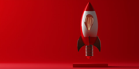 Poster - Red rocket launching from red platform with lightbulb inside on red background