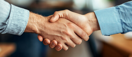 Building trust and collaboration, two hands shake firmly in professional setting, symbolizing agreement and partnership