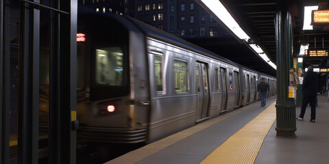 Aufkleber - Subway train arriving at station with people waiting
