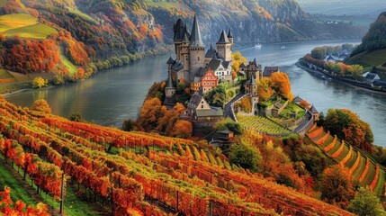 Canvas Print - Autumnal Landscape with a Medieval Castle on a Hillside by a River