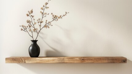 Sticker - A Black Vase with Dried Flowers on a Wooden Shelf Against a White Wall