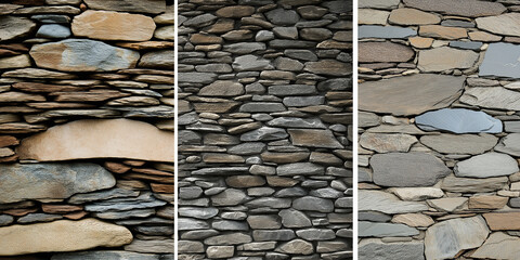 Poster - Collage of three different styles of stone wall cladding showing various shapes, sizes and colors of stone