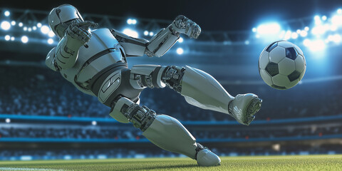 Poster - Robot soccer player kicking ball in dramatic pose during night game